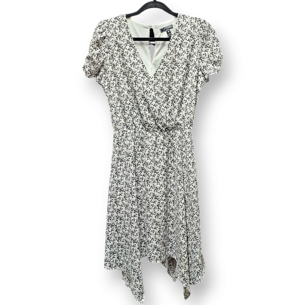 Aqua Black & White Ditsy Floral Asymmetrical Skirt Knee Length Dress Size Small